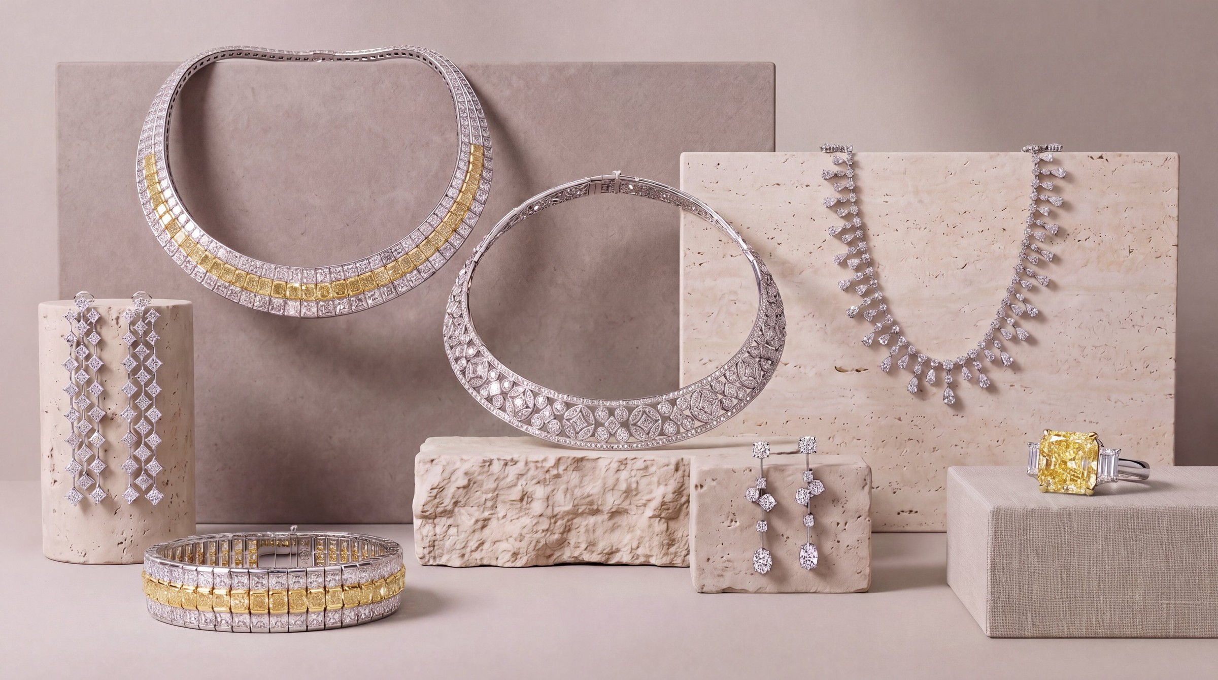 Sasha Primak diamond collars, earrings, and a yellow diamond ring