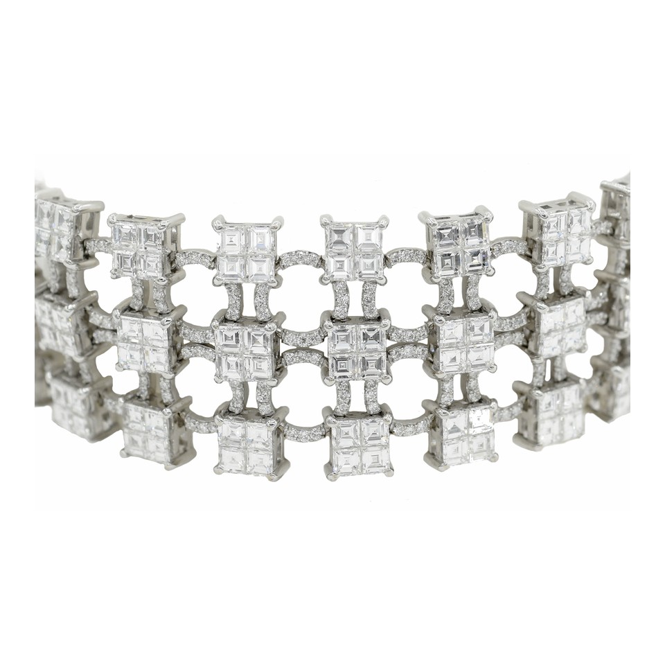 Wide Invisible-Set Square Pave Accent Bracelet 30.40ctw Dias 18K White Gold